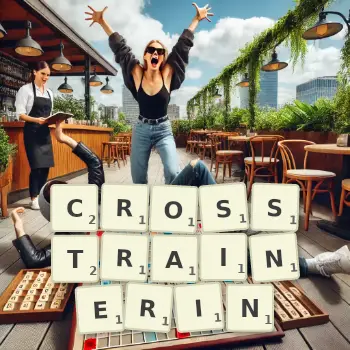 Kreative Illustration für ein Scrabble-Spiel, bei dem das Wort CROSSTRAINERIN mit Steinen auf dem Brett gelegt wurde.