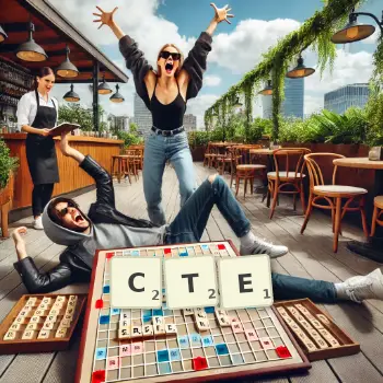 Kreative Illustration für ein Scrabble-Spiel, bei dem das Wort CTE mit Steinen auf dem Brett gelegt wurde.