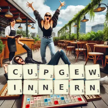 Kreative Illustration für ein Scrabble-Spiel, bei dem das Wort CUPGEWINNERN mit Steinen auf dem Brett gelegt wurde.
