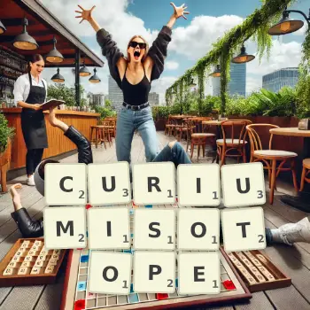 Kreative Illustration für ein Scrabble-Spiel, bei dem das Wort CURIUMISOTOPE mit Steinen auf dem Brett gelegt wurde.