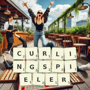 Kreative Illustration für ein Scrabble-Spiel, bei dem das Wort CURLINGSPIELER mit Steinen auf dem Brett gelegt wurde.