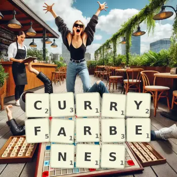 Kreative Illustration für ein Scrabble-Spiel, bei dem das Wort CURRYFARBENES mit Steinen auf dem Brett gelegt wurde.