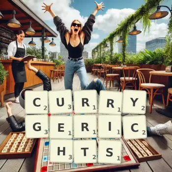 Kreative Illustration für ein Scrabble-Spiel, bei dem das Wort CURRYGERICHTS mit Steinen auf dem Brett gelegt wurde.