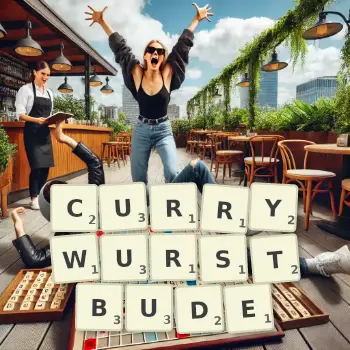 Kreative Illustration für ein Scrabble-Spiel, bei dem das Wort CURRYWURSTBUDE mit Steinen auf dem Brett gelegt wurde.