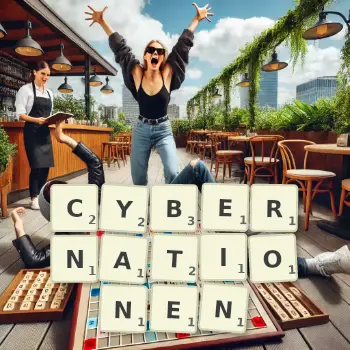 Kreative Illustration für ein Scrabble-Spiel, bei dem das Wort CYBERNATIONEN mit Steinen auf dem Brett gelegt wurde.