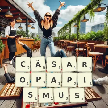 Kreative Illustration für ein Scrabble-Spiel, bei dem das Wort CÄSAROPAPISMUS mit Steinen auf dem Brett gelegt wurde.