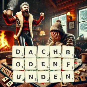 Kreative Illustration für ein Scrabble-Spiel, bei dem das Wort DACHBODENFUNDEN mit Steinen auf dem Brett gelegt wurde.