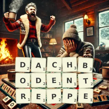 Kreative Illustration für ein Scrabble-Spiel, bei dem das Wort DACHBODENTREPPE mit Steinen auf dem Brett gelegt wurde.