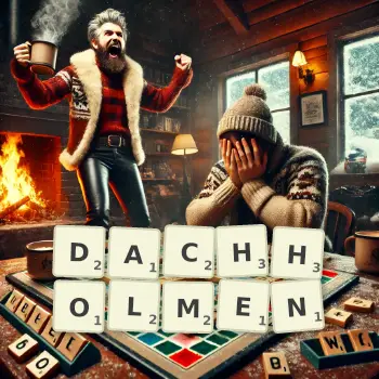 Kreative Illustration für ein Scrabble-Spiel, bei dem das Wort DACHHOLMEN mit Steinen auf dem Brett gelegt wurde.