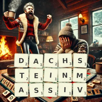 Kreative Illustration für ein Scrabble-Spiel, bei dem das Wort DACHSTEINMASSIV mit Steinen auf dem Brett gelegt wurde.