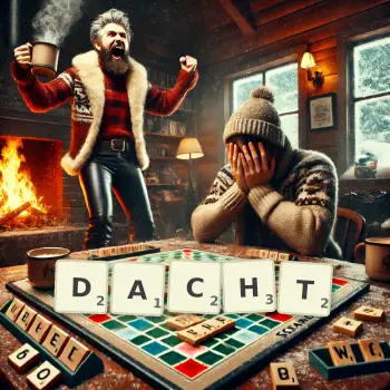 Kreative Illustration für ein Scrabble-Spiel, bei dem das Wort DACHT mit Steinen auf dem Brett gelegt wurde.