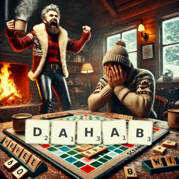 Kreative Illustration für ein Scrabble-Spiel, bei dem das Wort DAHAB mit Steinen auf dem Brett gelegt wurde.