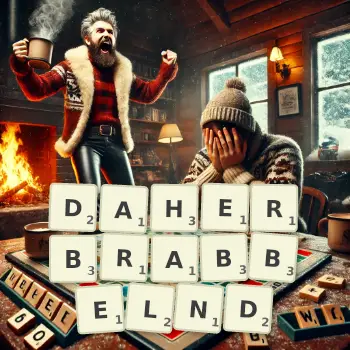 Kreative Illustration für ein Scrabble-Spiel, bei dem das Wort DAHERBRABBELND mit Steinen auf dem Brett gelegt wurde.