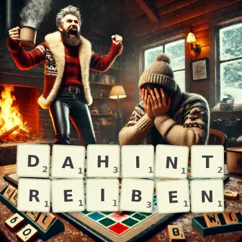 Kreative Illustration für ein Scrabble-Spiel, bei dem das Wort DAHINTREIBEN mit Steinen auf dem Brett gelegt wurde.