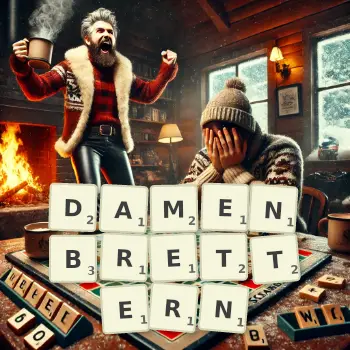 Kreative Illustration für ein Scrabble-Spiel, bei dem das Wort DAMENBRETTERN mit Steinen auf dem Brett gelegt wurde.