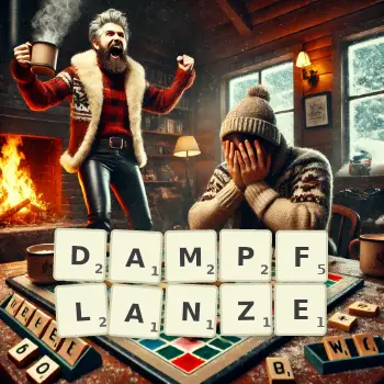 Kreative Illustration für ein Scrabble-Spiel, bei dem das Wort DAMPFLANZE mit Steinen auf dem Brett gelegt wurde.