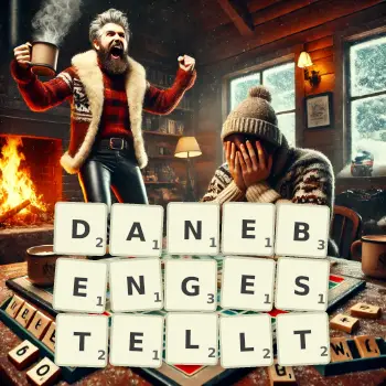 Kreative Illustration für ein Scrabble-Spiel, bei dem das Wort DANEBENGESTELLT mit Steinen auf dem Brett gelegt wurde.