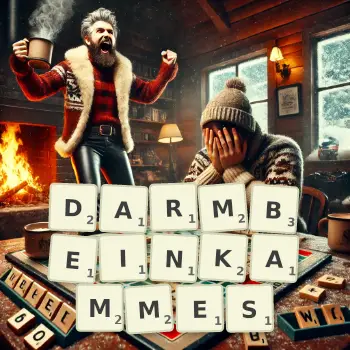Kreative Illustration für ein Scrabble-Spiel, bei dem das Wort DARMBEINKAMMES mit Steinen auf dem Brett gelegt wurde.