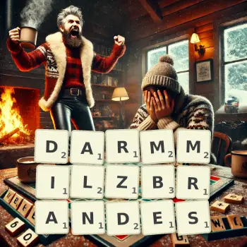 Kreative Illustration für ein Scrabble-Spiel, bei dem das Wort DARMMILZBRANDES mit Steinen auf dem Brett gelegt wurde.