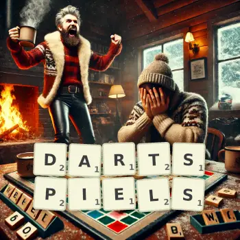 Kreative Illustration für ein Scrabble-Spiel, bei dem das Wort DARTSPIELS mit Steinen auf dem Brett gelegt wurde.