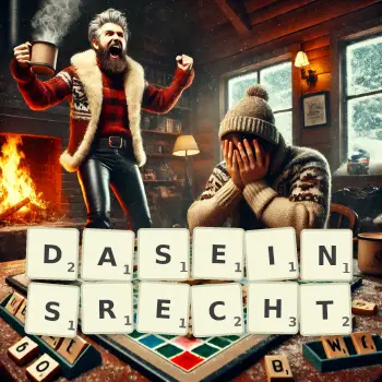 Kreative Illustration für ein Scrabble-Spiel, bei dem das Wort DASEINSRECHT mit Steinen auf dem Brett gelegt wurde.