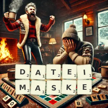 Kreative Illustration für ein Scrabble-Spiel, bei dem das Wort DATEIMASKE mit Steinen auf dem Brett gelegt wurde.