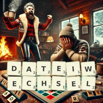 Kreative Illustration für ein Scrabble-Spiel, bei dem das Wort DATEIWECHSEL mit Steinen auf dem Brett gelegt wurde.