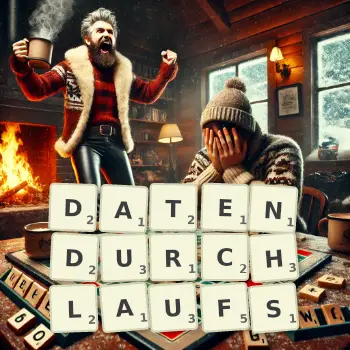 Kreative Illustration für ein Scrabble-Spiel, bei dem das Wort DATENDURCHLAUFS mit Steinen auf dem Brett gelegt wurde.