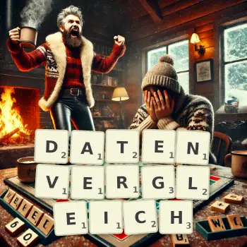 Kreative Illustration für ein Scrabble-Spiel, bei dem das Wort DATENVERGLEICH mit Steinen auf dem Brett gelegt wurde.