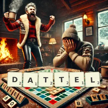 Kreative Illustration für ein Scrabble-Spiel, bei dem das Wort DATTEL mit Steinen auf dem Brett gelegt wurde.