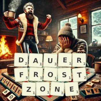 Kreative Illustration für ein Scrabble-Spiel, bei dem das Wort DAUERFROSTZONE mit Steinen auf dem Brett gelegt wurde.