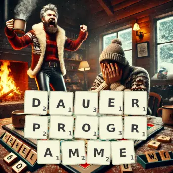 Kreative Illustration für ein Scrabble-Spiel, bei dem das Wort DAUERPROGRAMME mit Steinen auf dem Brett gelegt wurde.