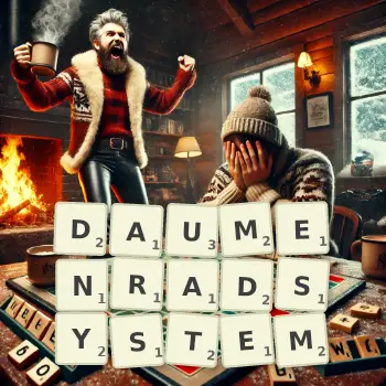 Kreative Illustration für ein Scrabble-Spiel, bei dem das Wort DAUMENRADSYSTEM mit Steinen auf dem Brett gelegt wurde.
