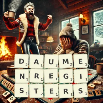Kreative Illustration für ein Scrabble-Spiel, bei dem das Wort DAUMENREGISTERS mit Steinen auf dem Brett gelegt wurde.
