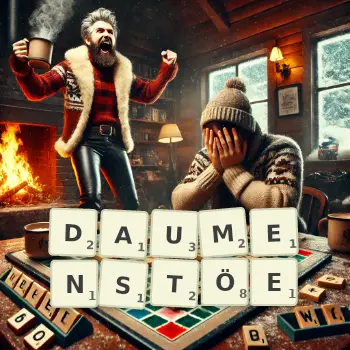 Kreative Illustration für ein Scrabble-Spiel, bei dem das Wort DAUMENSTÖE mit Steinen auf dem Brett gelegt wurde.