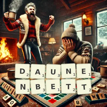Kreative Illustration für ein Scrabble-Spiel, bei dem das Wort DAUNENBETT mit Steinen auf dem Brett gelegt wurde.
