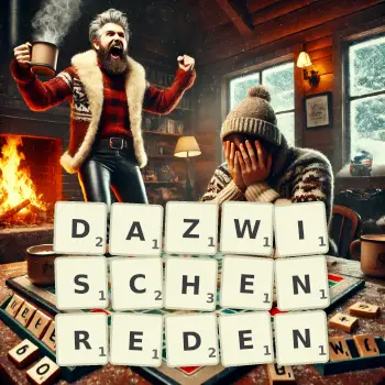 Kreative Illustration für ein Scrabble-Spiel, bei dem das Wort DAZWISCHENREDEN mit Steinen auf dem Brett gelegt wurde.