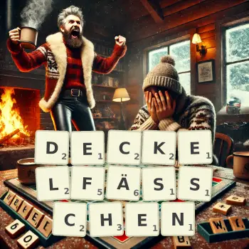 Kreative Illustration für ein Scrabble-Spiel, bei dem das Wort DECKELFÄSSCHEN mit Steinen auf dem Brett gelegt wurde.