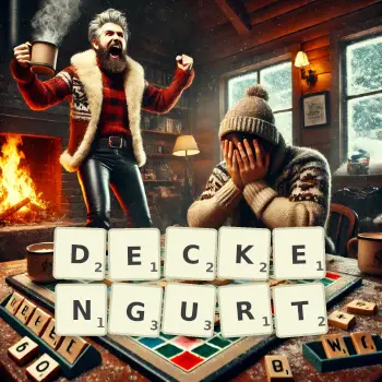 Kreative Illustration für ein Scrabble-Spiel, bei dem das Wort DECKENGURT mit Steinen auf dem Brett gelegt wurde.