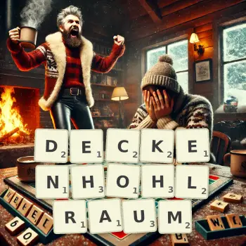 Kreative Illustration für ein Scrabble-Spiel, bei dem das Wort DECKENHOHLRAUM mit Steinen auf dem Brett gelegt wurde.