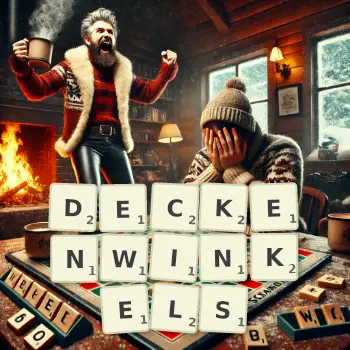 Kreative Illustration für ein Scrabble-Spiel, bei dem das Wort DECKENWINKELS mit Steinen auf dem Brett gelegt wurde.