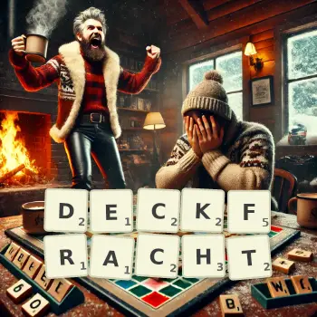 Kreative Illustration für ein Scrabble-Spiel, bei dem das Wort DECKFRACHT mit Steinen auf dem Brett gelegt wurde.