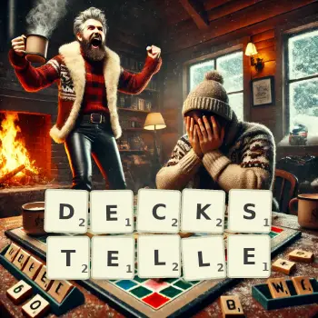 Kreative Illustration für ein Scrabble-Spiel, bei dem das Wort DECKSTELLE mit Steinen auf dem Brett gelegt wurde.