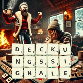 Kreative Illustration für ein Scrabble-Spiel, bei dem das Wort DECKUNGSSIGNALE mit Steinen auf dem Brett gelegt wurde.