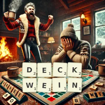 Kreative Illustration für ein Scrabble-Spiel, bei dem das Wort DECKWEIN mit Steinen auf dem Brett gelegt wurde.