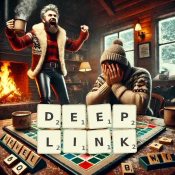 Kreative Illustration für ein Scrabble-Spiel, bei dem das Wort DEEPLINK mit Steinen auf dem Brett gelegt wurde.