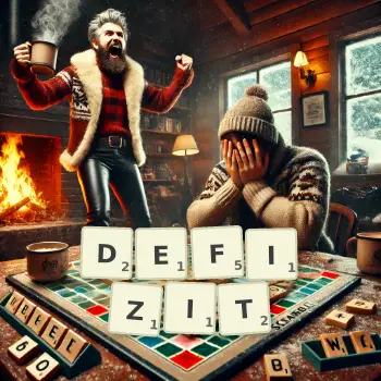 Kreative Illustration für ein Scrabble-Spiel, bei dem das Wort DEFIZIT mit Steinen auf dem Brett gelegt wurde.