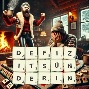 Kreative Illustration für ein Scrabble-Spiel, bei dem das Wort DEFIZITSÜNDERIN mit Steinen auf dem Brett gelegt wurde.