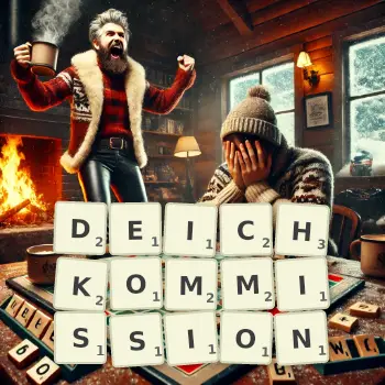 Kreative Illustration für ein Scrabble-Spiel, bei dem das Wort DEICHKOMMISSION mit Steinen auf dem Brett gelegt wurde.