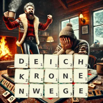 Kreative Illustration für ein Scrabble-Spiel, bei dem das Wort DEICHKRONENWEGE mit Steinen auf dem Brett gelegt wurde.
